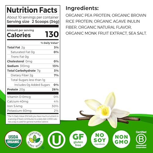 Image of Orgain Organic Vegan Perfect Blend Protein Powder, 20g Clean Plant Protein, 6 Ingredients, <1g Sugar, Gluten Free, Non-GMO; No Artificial Flavors, Stevia Extract, Dairy or Soy Ingredients- Vanilla