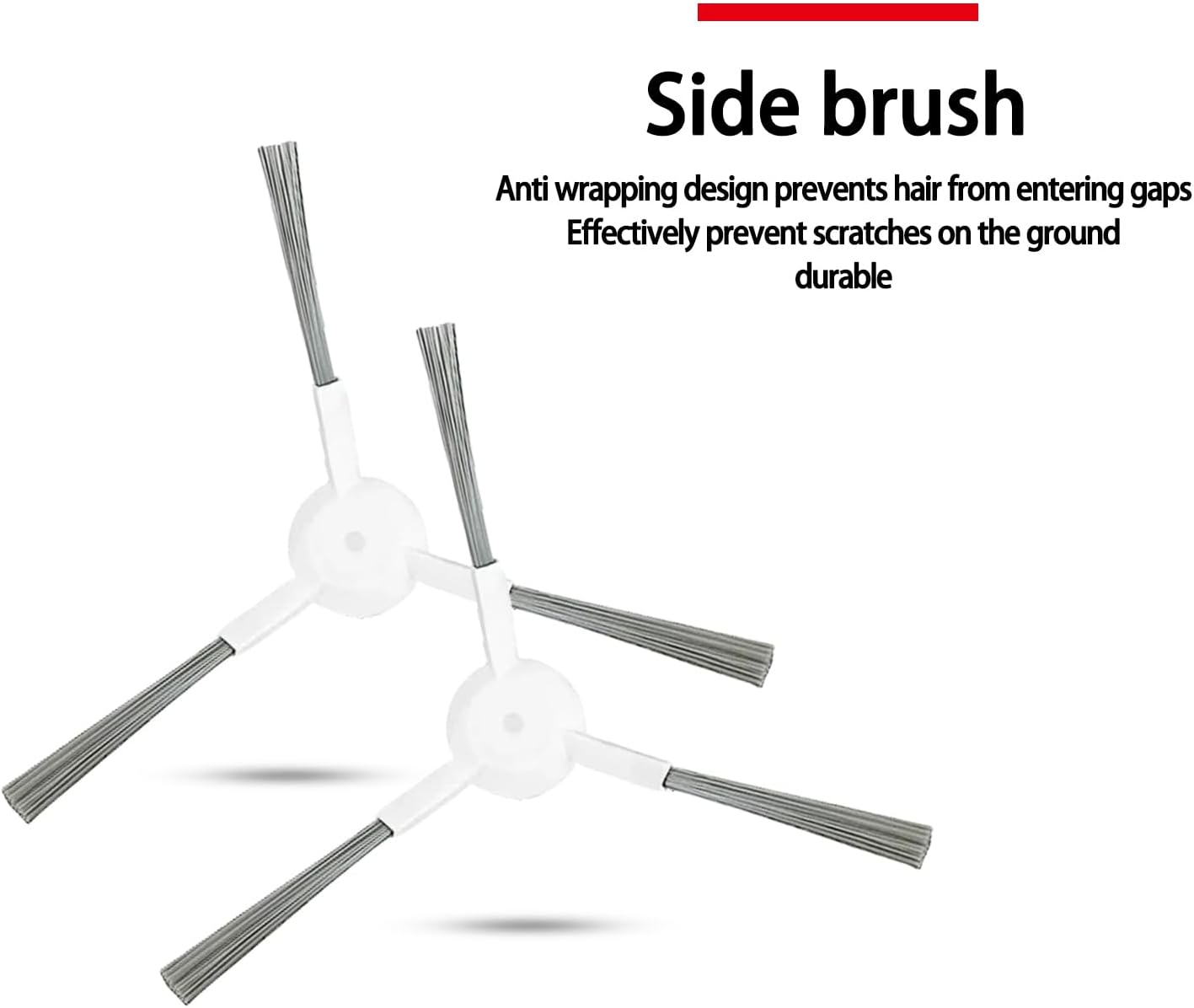 Image of two white side brushes with grey bristles, designed to prevent hair wrapping and scratches on the ground.