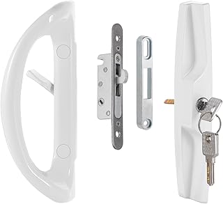 Sliding Glass Door Lock, Sliding Patio Door Handle Set with Mortise Lock/Key Cylinder/Faceplate/Keeper, White Sliding Door Lock, Replacement Sliding Doors Handle for 3-15/16" Screw Hole Spacing