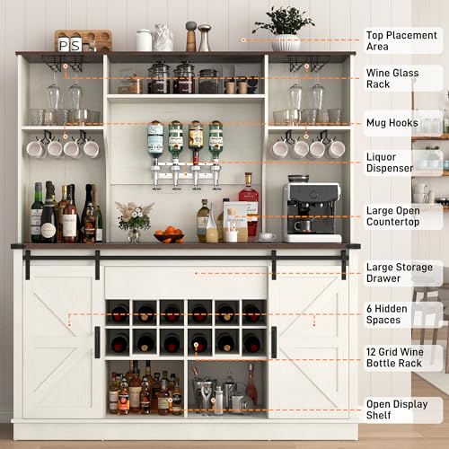 chartustriable Farmhouse Coffee Bar Cabinet with Charging Station & Sliding Barn Doors - 63\" W x 71\" H Large Wine Rack, Built-in Liquor Dispenser, Glass/Mug Holders for Kitchen, Living Room, Hallway - Thumbnail 7