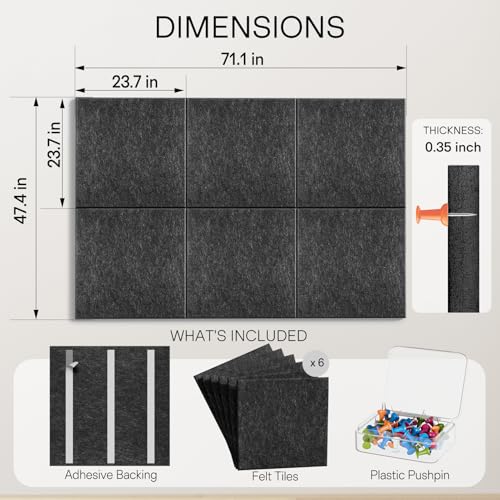 Image of MaxGear Extra Large Bulletin Board 72 inch x 48 inch, Dark Gray Felt Wall Tiles