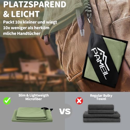 Pameil Mikrofaser Handtuch 3er Set (160x80cm Groß Badetuch +2 Stück 80x40cm Klein Handtuch), Reisehandtuch Schnelltrocknend Microfaser Handtücher für Fitness Sauna (Armeegrün)