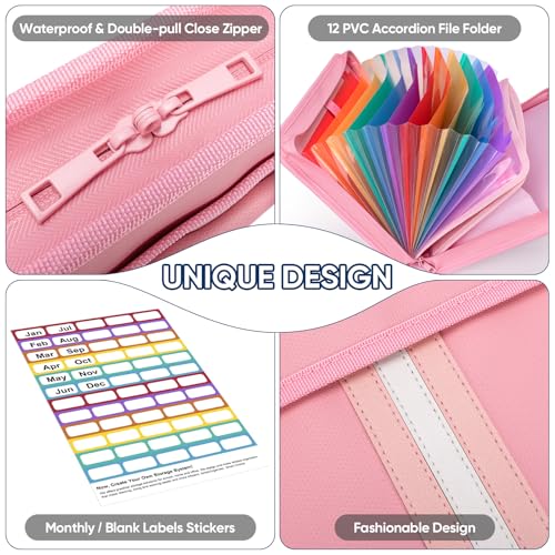 baleine fireproof document organizer with handle 12 pockets pvc accordion file organizer with labels waterproof fireproof document bag for a4letter files in travel office home pink