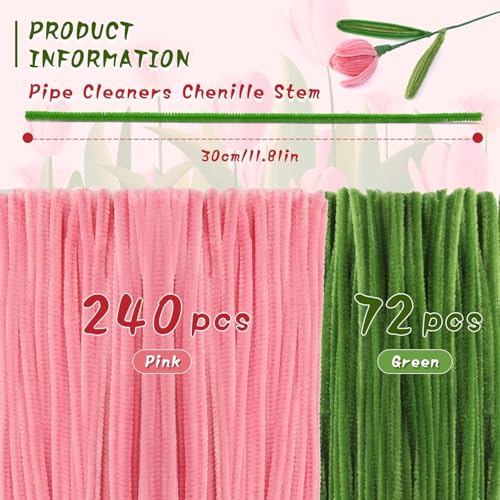 Image of Pipe Cleaners for Craft Flower Making Kit - Thick Fuzzy Wire Chenille Stems for DIY Crafts, Green & White Pipe Cleaners for Flower Bouquet Craft Projects, Kids Art & School Supplies