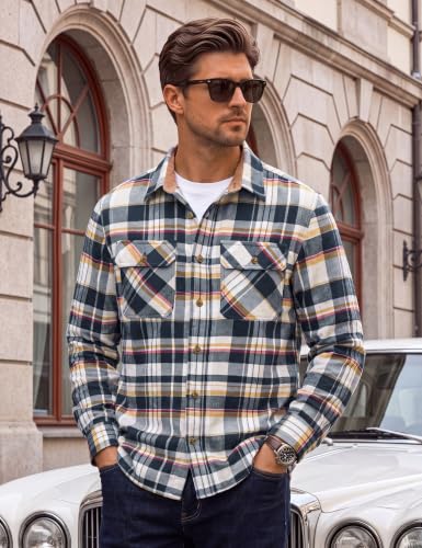 Image of Cotrasen Mens Flannel Shirts Cotton Plaid Button Down Shirt