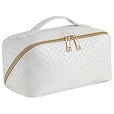 IMAXWAVE Neceser de Viaje Grande, Diseño Trenzado, Negro con Cremallera Dorada, Asa Superior, Bolsa de Cosméticos, Estuche de Maquillaje, Organizador de Aseo, Neceser de Maquillaje - Blanco