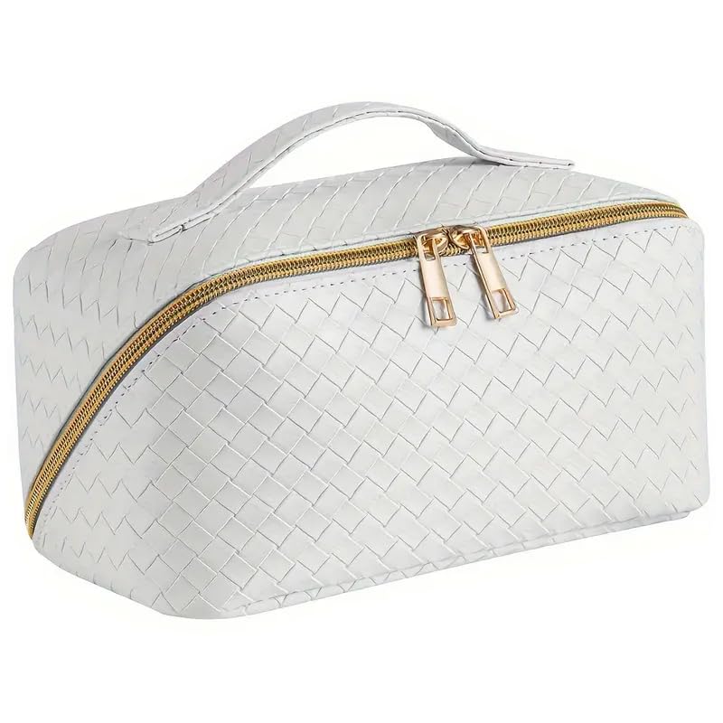 Neceser de Viaje Grande, Diseño Trenzado, Negro con Cremallera Dorada, Asa Superior, Bolsa de Cosméticos, estuche de maquillaje, organizador de aseo, neceser de maquillaje - Blanco