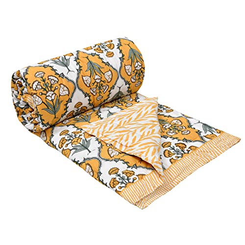 Image of BLOCKS OF INDIA Cotton Single Size Quilt Hand Block Print for Light Winters (60x90 Inches) (Yellow Flower)| TC - 300