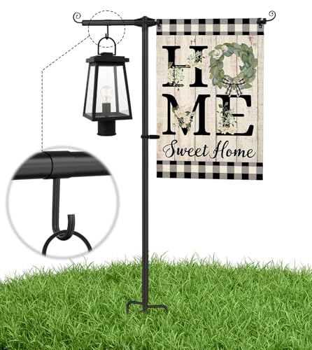Garden Flag Stand Holder with Shepherd Hooks for 12 x 18 Flag, 51 Inch Height with 3/4 Inch Extra Thick Heavy Duty Garden Flag Pole with 4 Prong Base for Outside Home Yard Patio Decor