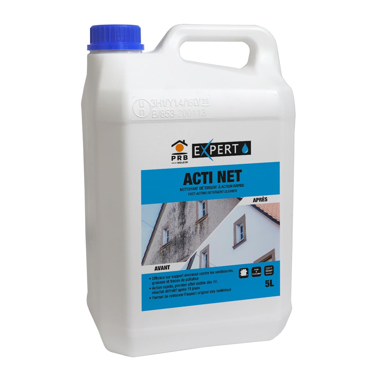 Nettoyant Détergent Action Rapide PRB 5L - Nettoie verdissures, graisses et traces de pollution - Sans chlore, ni acide, ni solvants - Façades, Murs et Toitures Extérieurs