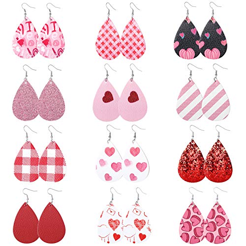 MTSCE 12 Pairs Leather Earrings for Women Girls Party, Lightweight Teardrop Faux Leather Earrings, Heart-Shaped Print Drop Earrings Set Valentine Day Gift (A Style)