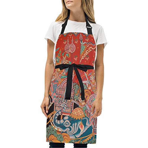 Sawhonn Arte De La Pintura De Mura Nativo Tailandés Delantal de Cocina con 2 Bolsillos Delantales Cuello Ajustable Cocinero Camarero Delantal Chefs para Cocinar Hornea Barbacoa