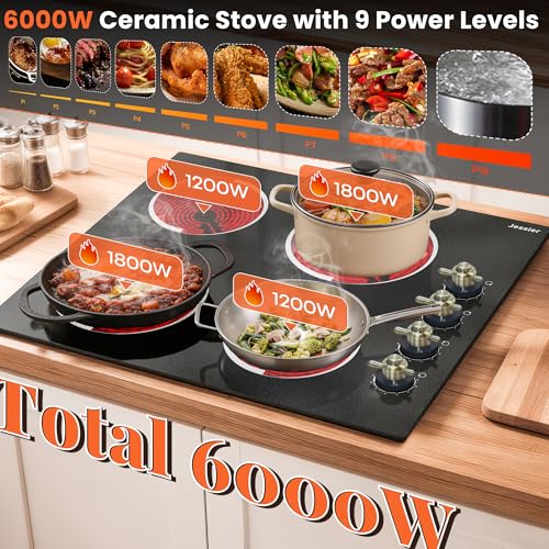 Image of Electric Cooktop 24 Inch - 4 Burner Drop-in(22.05 inchx19.3 inch) Radiant Electric Cooktop 6000W Knob Control, 220V Electrical Ceramic Stove Top, 9 Heating Levels, Residual Heat Indication (No Plug)
