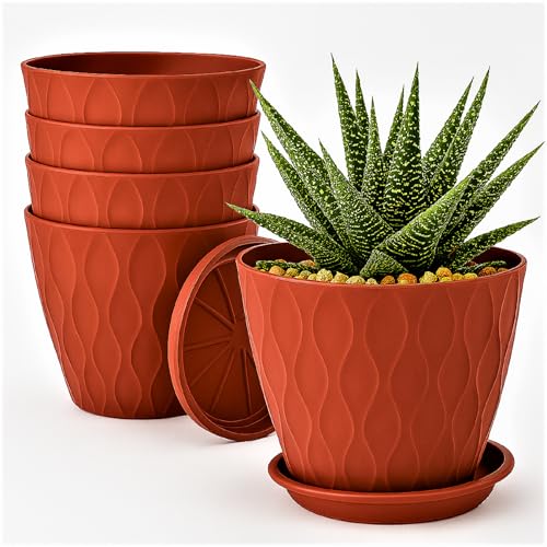 Image of Leafly Set of 5 Multicolor Round Flower Plant Pots (6.3 Inch) with Drainage Tray | Durable Lightweight Planters for Home, Office, Terrace, Balcony & Indoor /Outdoor Gardening (Crimson Wave)