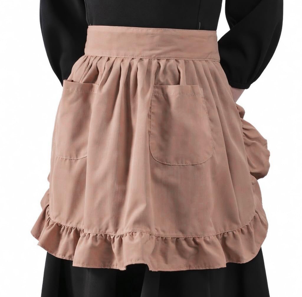 LilMents Womens Waist Apron with Pockets Retro Kitchen Cleaning Ruffles Half Apron, Cappuccino, One Size Fits All (Adjustable, Knee-Length, Waist Apron)
