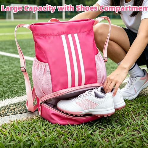 Image of Soccer Bag, Youth Soccer Basketball Bag with Compartments Drawstring Backpack for Football Volleyball Gym Training (Pink)