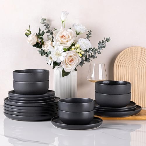 Image of AmorArc Ceramic Dinnerware Sets, Wavy Rim Stoneware Plates and Bowls Sets,Dishwasher & Microwave & Oven Safe Dishes set, Service for 6 (18pc)-Charcoal Matte