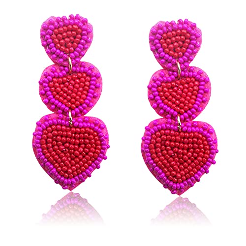 Estivaux Valentine's Day Earrings Heart Beaded Drop Earrings Pink Red Beaded Dangle Valentines Fashion Dangle Earrings Love Jewelry Gift Earings for Women Wedding Anniversary Accessory Decoration
