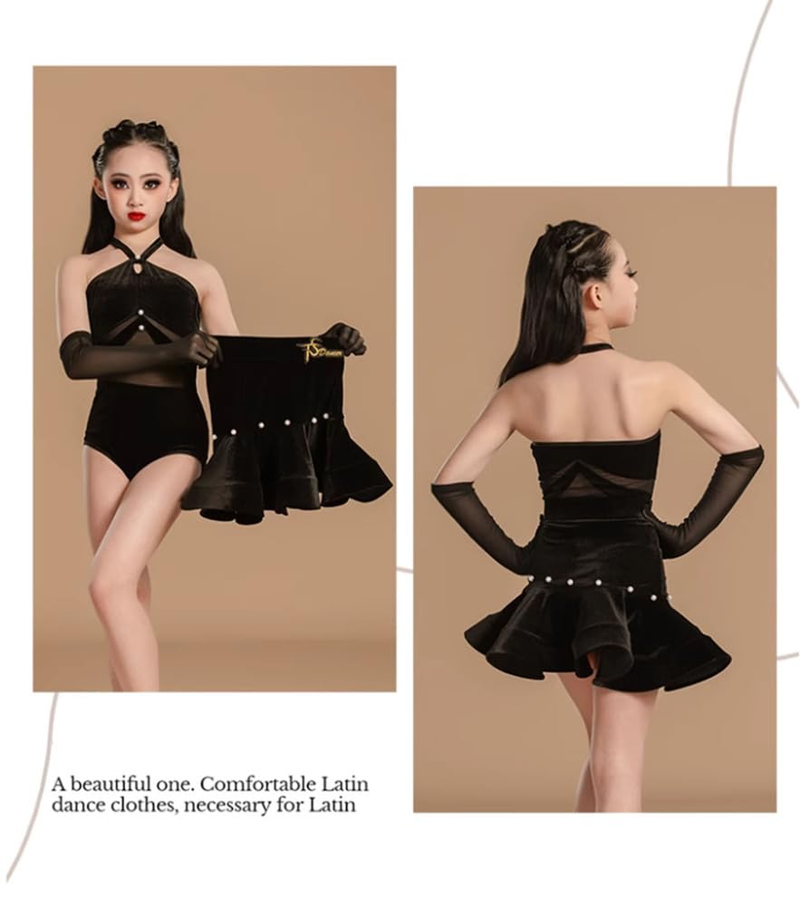 Abito da Ballo Latino Senza Maniche per Bambine Gonna da Competizione in Velluto per Balli da Sala Salsa Cha-Cha Tango Abbigliamento per Allenamento E Spettacolo(150Cm)