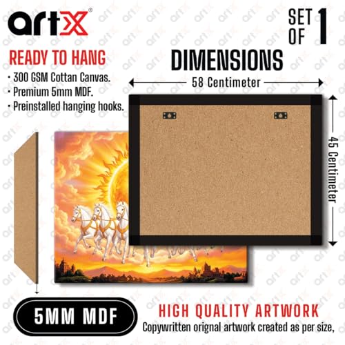 Image of ArtX Canvas Surya Dev With 7 Horses Painting Vastu Frame Wall Art Painting, White Running Horses With Rising Sun, Wall Decor, Multicolor, Nature, 58.0 X 45.0 cm, Set of 1