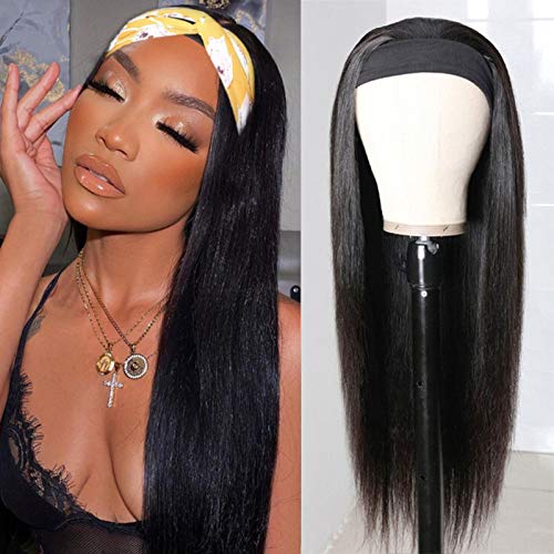 Human Hair Wigs Headband Wig Glueless Non Lace Front Wigs Density Brizilian Virgin Hair Straight Scarf Machine Made Wig for Black Women (24 Inch)