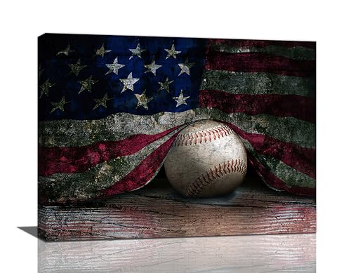 Dollffey Baseball Canvas Wall Art American Flag Pictures For Wall Boys Room Decor Inspirational Baseball Sports Poster Painting Print For Men Bedroom Living Room Office 16 Inchx12 Inch cover