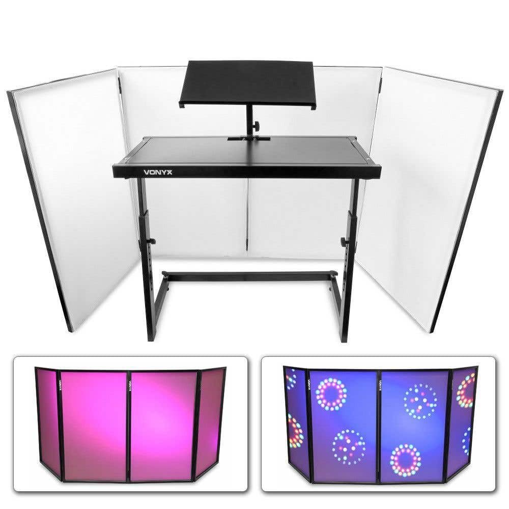 Vonyx DJ Pult Komplettset - höhenverstellbarer DJ Tisch Mobil, Vonyx DB10 mit klappbarer Front, Lycra-Stoff, DJ Pult, DJ-Booth, mobiler DJ-Stand, 45,5 x 102,5 x 90 cm, DJ Stand mit mobiler Wand