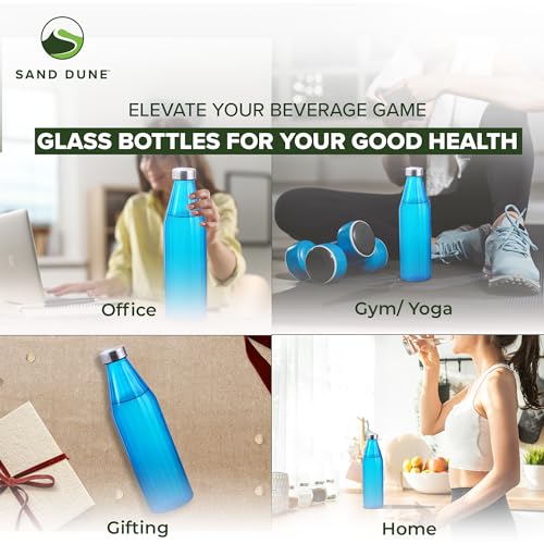 Image of SAND DUNE BlueColour Glass water bottle, 800 ml Each, Set of 1, with Leak-Proof Airtight Stainless-Steel Lid for Water, Smoothie, Juices - Reusable Travel Glass Drinking Fridge Bottles