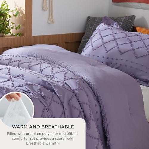 Image of Bedsure Twin Comforter Set - Grayish Purple Boho Twin Comforter, Distressed Vintage Dorm Bedding Set for Kids, 2 Pieces Modern Farmhouse-Style Bed Set, Includes 1 Pillow Sham