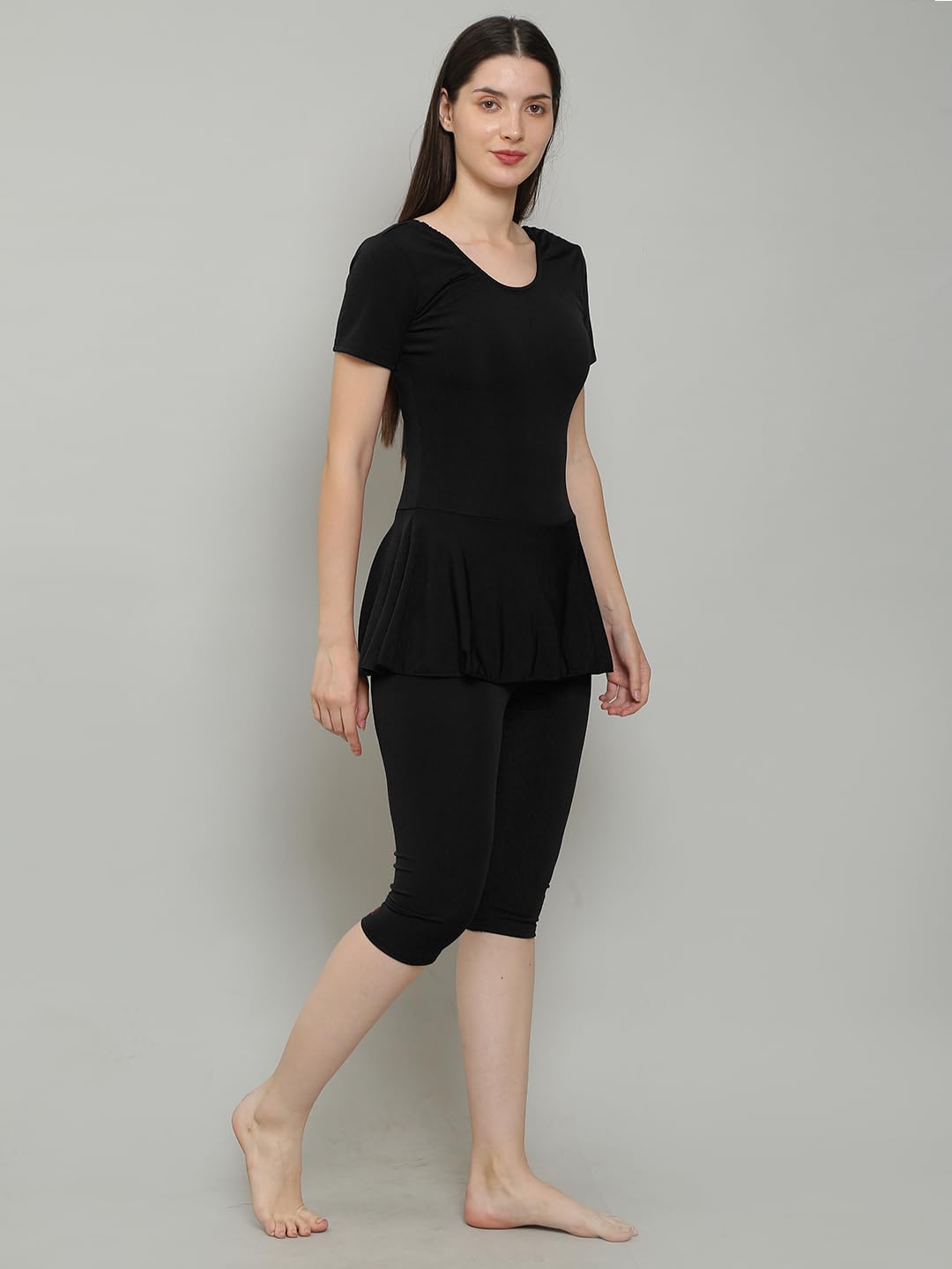 MEGASKA Women Knee Length Removable Chest Pads One Piece Frock Style Swimming Costume_Black_S 2