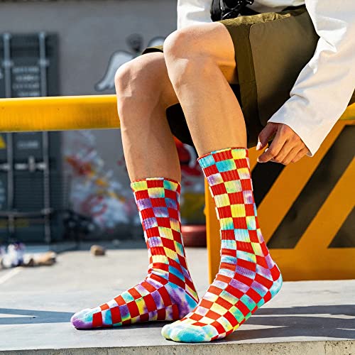 Novelty Tie Dye Grid Skateboard Casual Crew Socks Unisex3