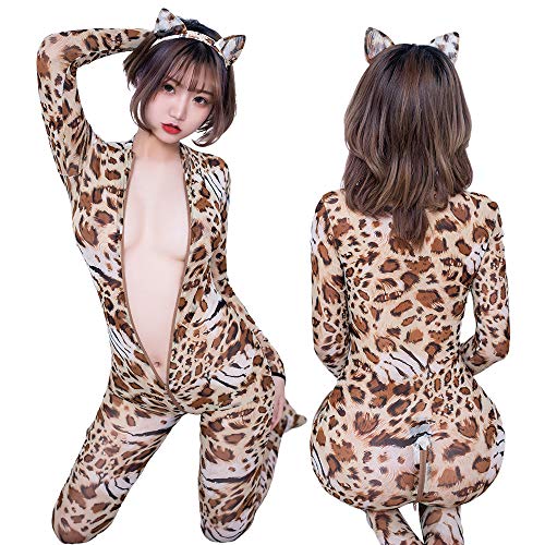 Feiangelキャットスーツ 猫 コスプレ 豹柄 ヒョウ柄 レオタード ボディスーツ ボディタイツ 全身タイツ 長袖 セクシー 過激 仮装 着ぐるみ 猫耳カチューシャ付き6031