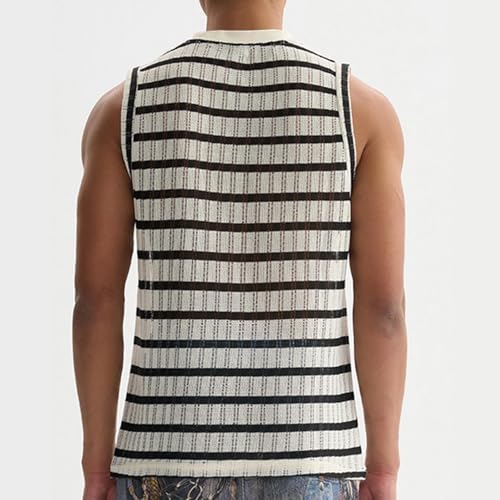 Mens Crochet Sweater Vest Striped Knit Vest Sleeveless Crewneck Blouses Tops Hollow Out Tank Top4