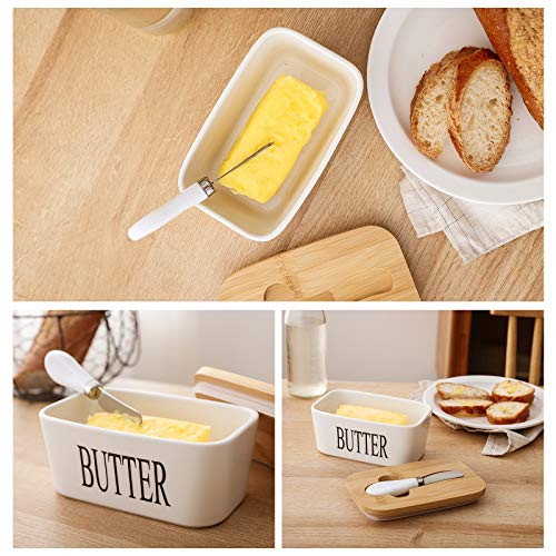 650Ml Large Butter Dish Container With Airtight Bamboo Lid & Stainless Steel Knife, Porcelain Butter Keeper - Holds Up To 2 Sticks Of Butter, White, 2 Packs #TOP6