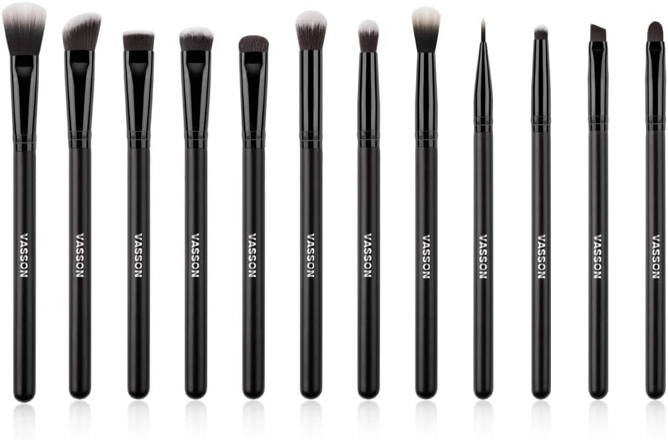Vasson Makeup Eye Brush Set Professional Eyeshadow Eyeliner Eyebrow Eyelashes Lip Blending Makeup Brushes Set 12Pcs Black