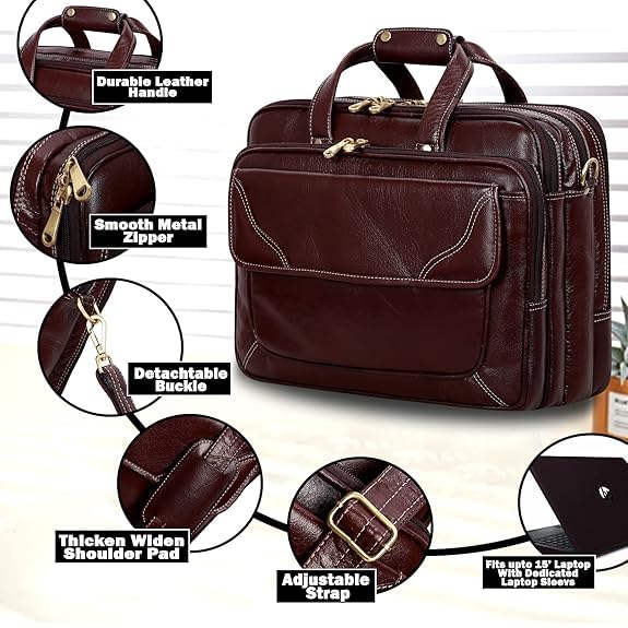Image of Full-Grain Natural Genuine Pure Orginal Leather Office Briefcase Laptop Messenger Shoulder Bags For Mens Man Office Use 15.6 Inch cabin szie travelling Size-L-16'' X H-12'' X W- 6''