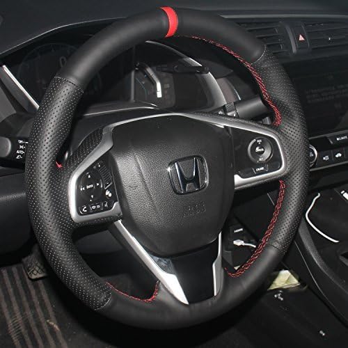 LSAUTO Hand Sewing Car Steering Wheel Cover Anti-Slip Breathable Nappa Genuine Leather Stitch On for 2017 2018 Honda CR-V CRV / 2016 2017 2018 Civic 10th Gen, Si Touring Black Cover, Red Thread…