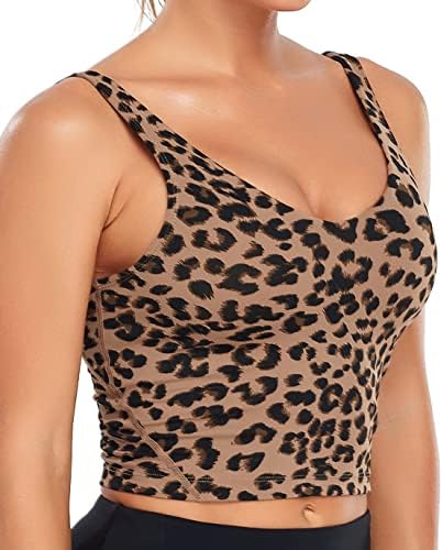 Oalka Sports Bra Womens Longline Padded Crop Tank Yoga Bras Workout Fitness Top Khaki Leopard L