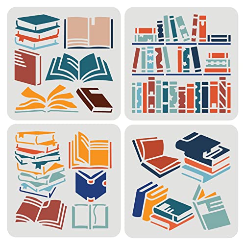 FINGERINSPIRE 4PCS Plantillas Libros para Pintar 15x15cm Plantillas Plástico la Colección Libros PET Reutilizables Plantilla Dibujo Libros Pie para lacoración la Paredl Estudio la Oficina