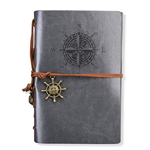 Lederen schrijfjournaal Notebook, Yworld 9,2 inch kleine vintage blanco string dagboek Kladblok schetsboek reizen om in te schrijven, onbekleed papier, Retro kompas hangers 9.2x6.5 in Grijs