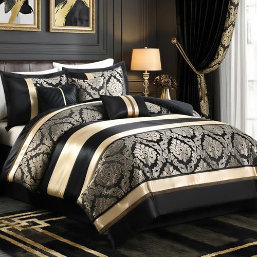 Image of CozyDH Black and Gold Jacquard Comforter Set King - 7 Piece Luxury Damask Medallion Patchwork Bed in a Bag, All Season Down Alternative Bedding with Bed Skirt, Shams, Decorative Pillows, 104x90 in