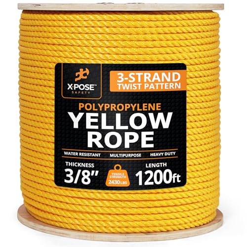 Image of Yellow Twisted Polypropylene Rope, 3 /8 inch Thickness x 1200' Length Heavy Duty Poly Ropes for Outdoor and Marine Use, Yellow Rope for Visibility & Safety