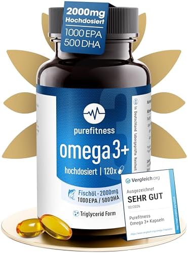 Purefitness Omega 3 Kapseln hochdosiert | 2000mg Fischöl mit 1000...