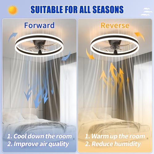 Bailoch 20\" Modern Low Profile Ceiling Fans with Lights and Remote, Black Fandelier Flush Mount Ceiling Fan, 3000K-6500K LED Dimmable 6 Wind Speeds Small Fan Light Fixture for Bedroom Living Room