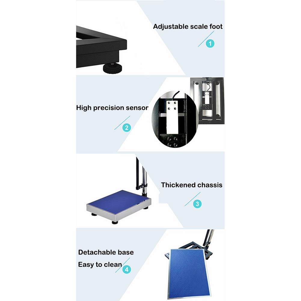 Close-up images detailing key features of the scale: adjustable scale foot, high precision sensor, thickened chassis, and detachable base for easy cleaning.