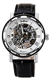 MASTOP Unisex Black Leather Stylish White Skeleton Dial Hand-Wind Up Mechanical Casual Wrist Watch