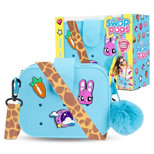 Swop Pop Ultimate Coin Purse Set - Kids Fashion Purse with Changeable Pops, Badges, Strap, Fluffy Pompom - Mix & Match Dress Up Bag for Girls with Interactive Pop Sound, Kid's Birthday Gift 6+ (Blue)