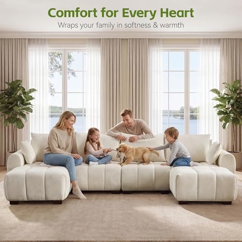 Image of 112 inch Cloud Modular L-Shaped Chenille Beige Sectional Sofa | 4 Seat Tufted Oversized Couch with Wood Legs & Movable Ottoman for Apartment Living Room