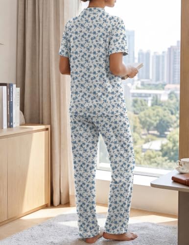 Image of Womens Pajamas Sets 2 Piece Button Up Pj Sets Short Sleeve with Long Pant