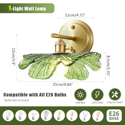 Image of Green Glass Sconce 2 Light Leaf Bathroom Vanity Light Mid Century | Vintage Wall Sconces Set of 2 Gold Wall Lamp, E26 Brass Base, Vanity Light fixtures, Living Room Hallway Entryway